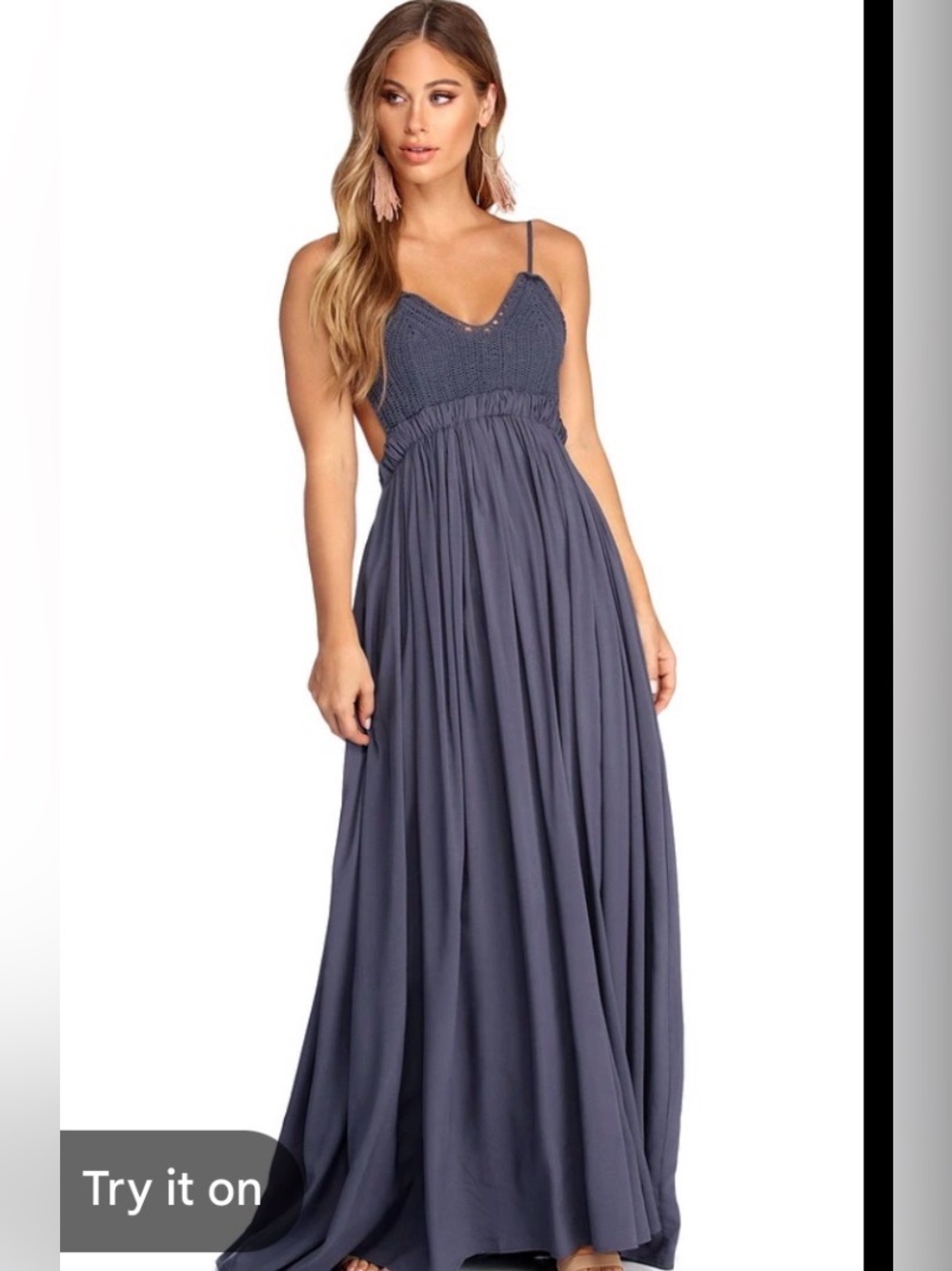 Miss Avenue Slate Blue Smocked Spaghetti Strap Maxi Dress